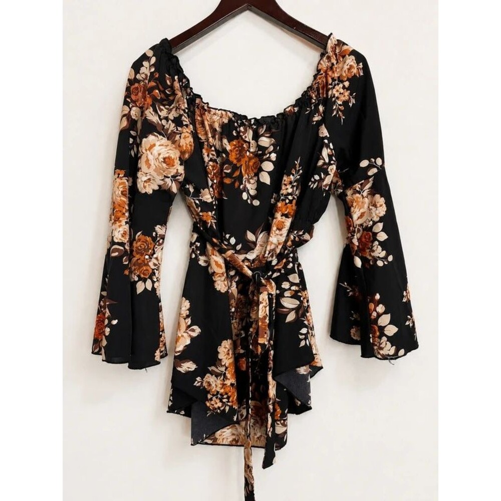 SHEIN Curve 1XL Black Floral Off-the-Shoulder Tie Waist Blouse